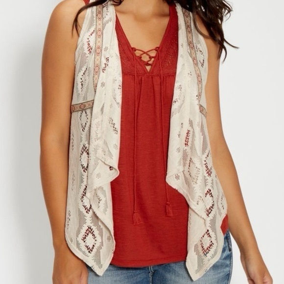Maurice Women’s Vest Tan XL Lace Draped Open Front Aztec Asymmetrical Bohemian - Picture 3 of 14
